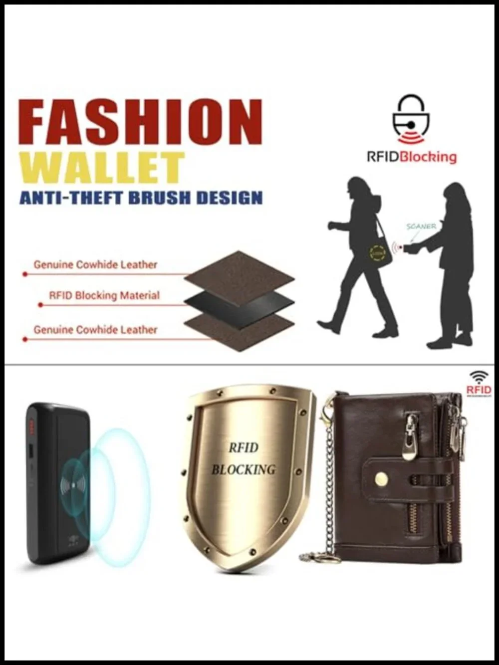 Genuine Leather Anti-Theft Wallet with Chain Men Biker Trifold RFID Wallet